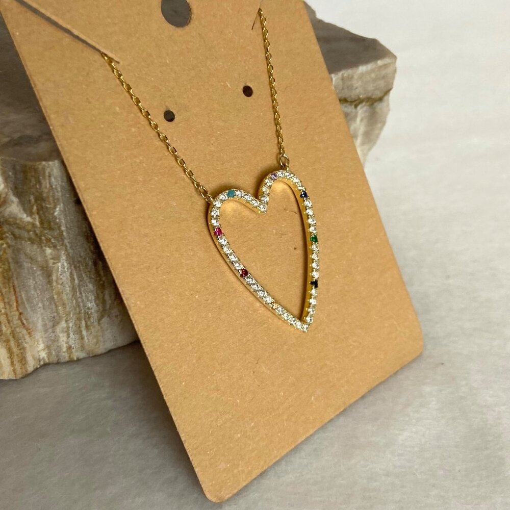 Gold Vermeil Sterling Silver 925 Open Heart Rainbow Pave Pendant Necklace 16-18" - Picture 8 of 16